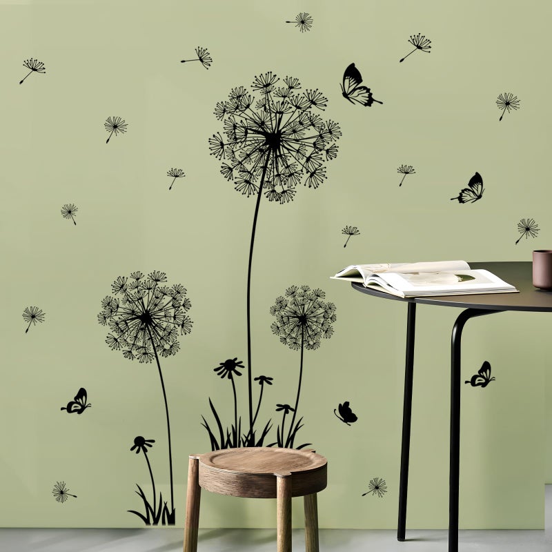 Supzone 2 Sheets Dandelion Wildflower Wall Decals Art, Wall Art Stickers Peel and Stick Floral Butterflies Flying Decor for Girls Kids Women Baby Nursery Living Room Bedroom Bathroom Hallway Stairwell(Black) - Image 3